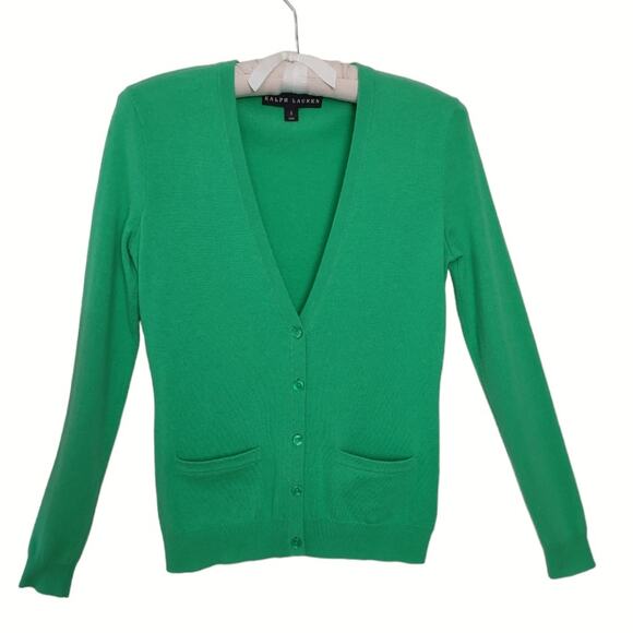 RALPH LAUREN Classic Cashmere Sweater Green Size S Preppy Basic V-Neck Cardigan - Picture 6 of 12